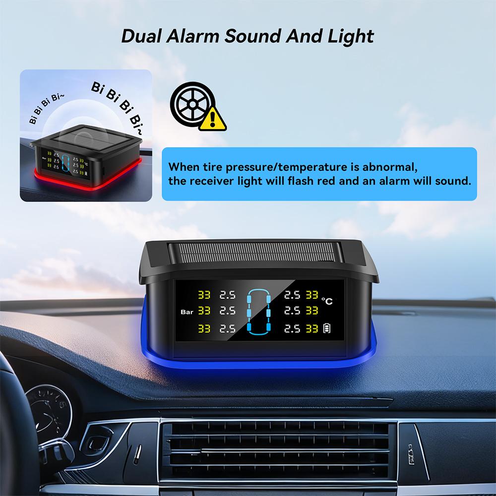 Monitoring system security alarm solar TPMS digital LCD display truck RV TPMS with indicator light warning car tire pressure alarm 6 external sensors