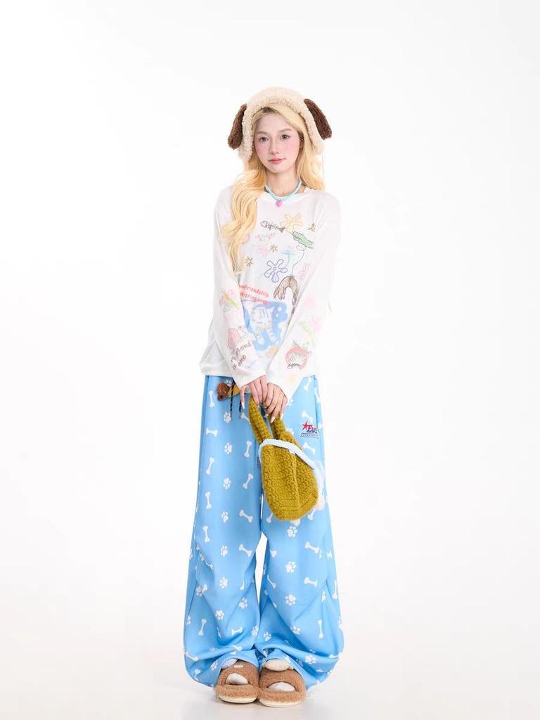 Pantalon de survêtement large à motif chat de dessin animé graffiti pour femme 2025