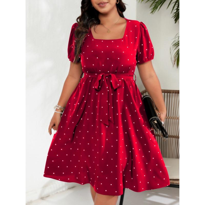 Plus Size Women's Elegant Vintage Polka Dot Waist Tie Square Neck Hem Dresses