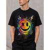 Men's Black Short Sleeve Crew Neck T-Shirt with Colorful Graffiti Smiley Face Graphic Print, Soft Cotton Feel, Relaxed Fit for Casual Streetwear