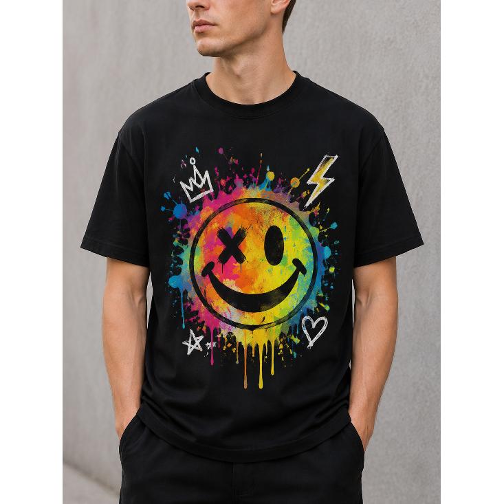 Men's Black Short Sleeve Crew Neck T-Shirt with Colorful Graffiti Smiley Face Graphic Print, Soft Cotton Feel, Relaxed Fit for Casual Streetwear