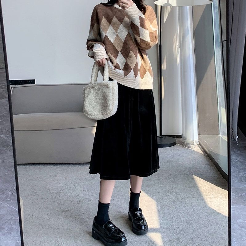 Autumn Winter Warm Vintage Red Elegant Velvet A-line Skirt for Women High Waist Casual Black Party Pleated Big Swing Skirts