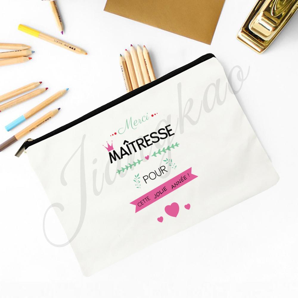 Merci Maitresse French Print Makeup Bag Travel Neceser Toiletry Storage Pouch School Pencil Bags Best Graduate Gift for Teacher