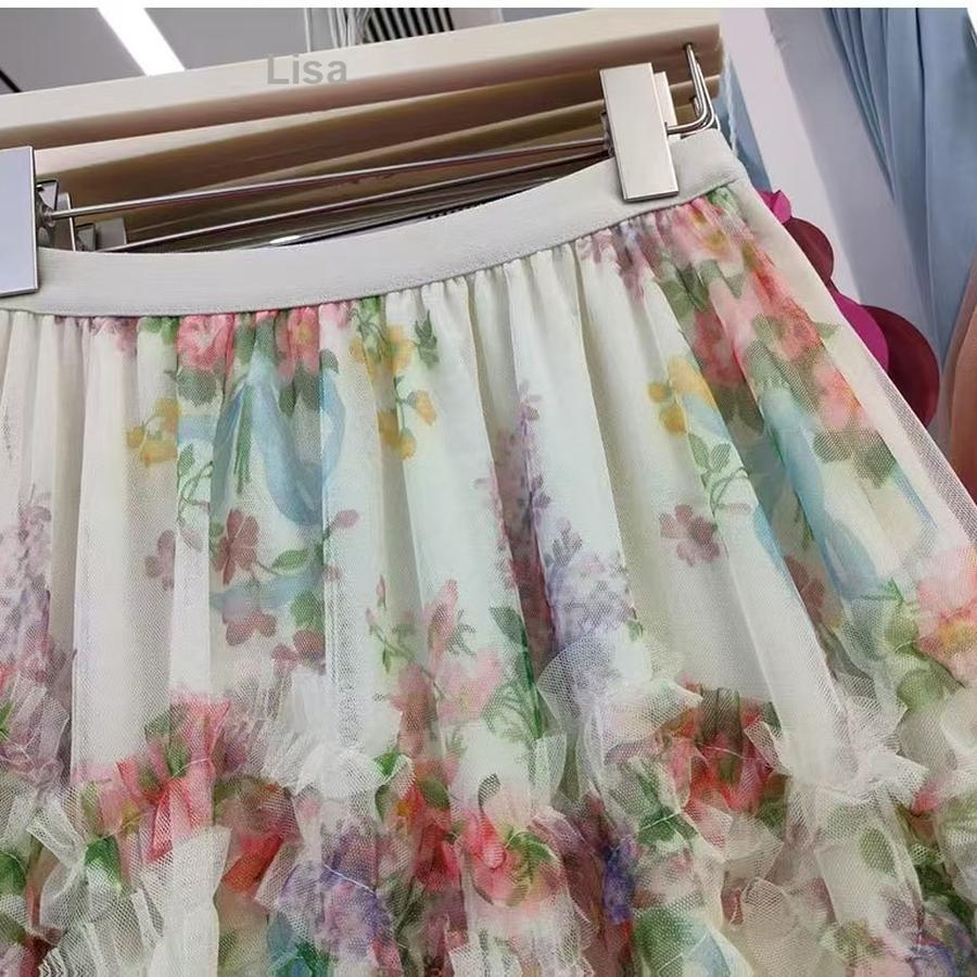 Reinforcement Nail Pearl Patchwork Printed Mesh Cake Dress Half Skirt for Girls New Hollow Out Long Dress