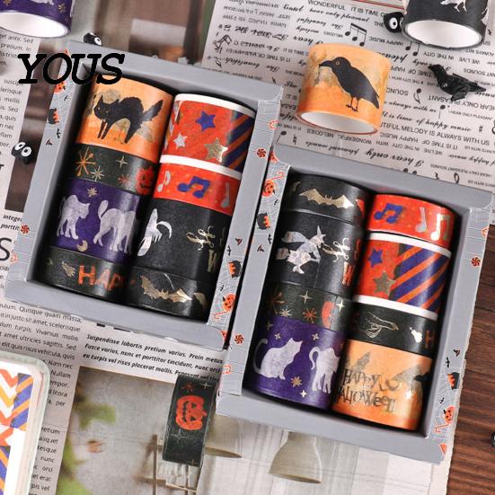 Pumpkin And Bat Washi Tape 8 Rolls Halloween Tape, Spooky Witch Cat Pattern Decorative Hot Stamping for Junk Journaling Supplies, Scrapbooking,