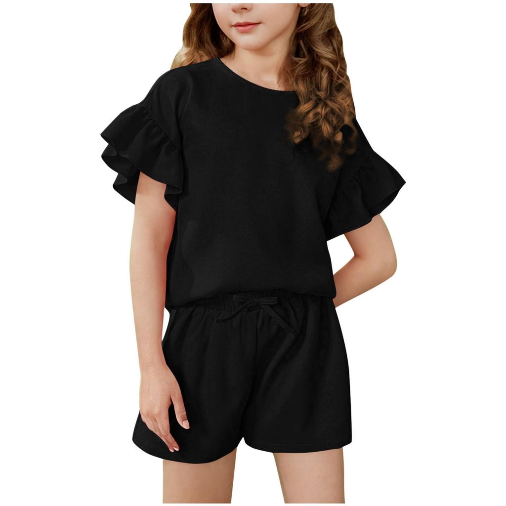 A Two-piece Set Of A Light, Solid-color Casual Sports Top With Ruffled Short-sleeved Round Neck And Shorts For Medium And Young Children In Summer