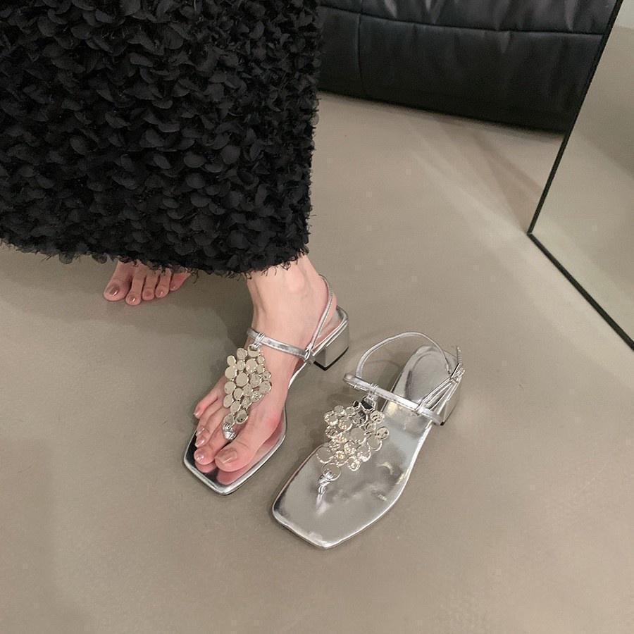 TAILLE 34 Sandales à bride cheville à bout carré Femme Talons carrés Plats Chaussures de fête de banquet Dames Boucle un mot Talons sexy Sandales