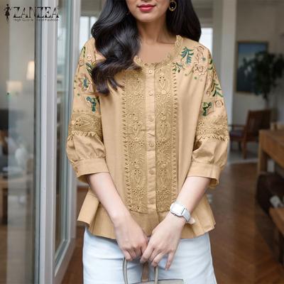 Women Round Neck 3/4 Sleeve Loose Casual Print Blouse