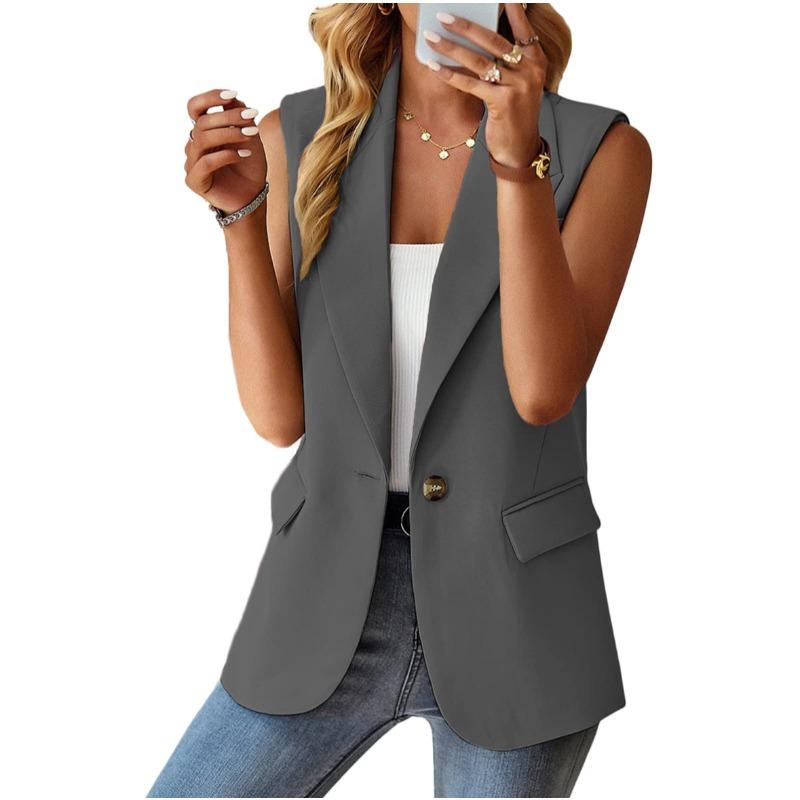 JPNTKY Women's Vintage Casual Solid Color Print Sleeveless POLO Neck Jackets & Coats
