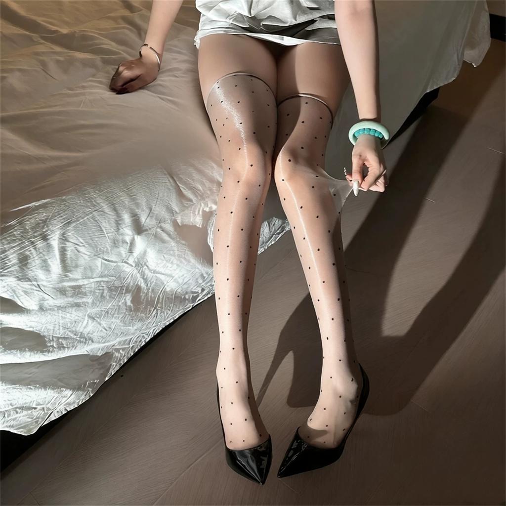 Lolita Black Dot Stockings Skin-Friendly Soft Seamless Knee High Stockings Pole Dance Aurora Shiny Over Knee Transparent Medias