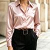 Women's Long Sleeve Satin Button-Up Shirt with Lapel Collar Casual Blouse Top