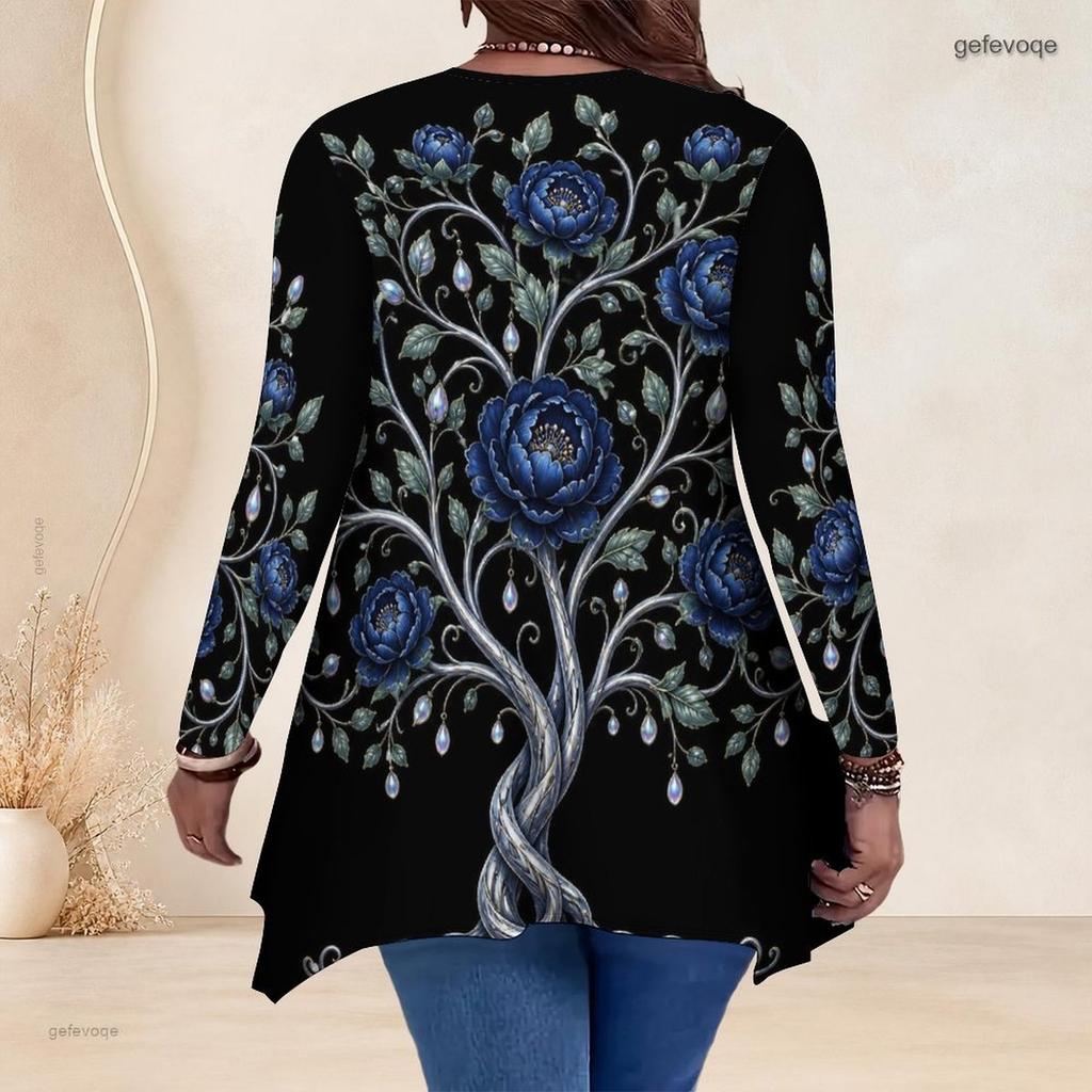 Women Plus Size V Neck Long Sleeve Irregular Split Hem Tunic Top Black Golden Swirl Print