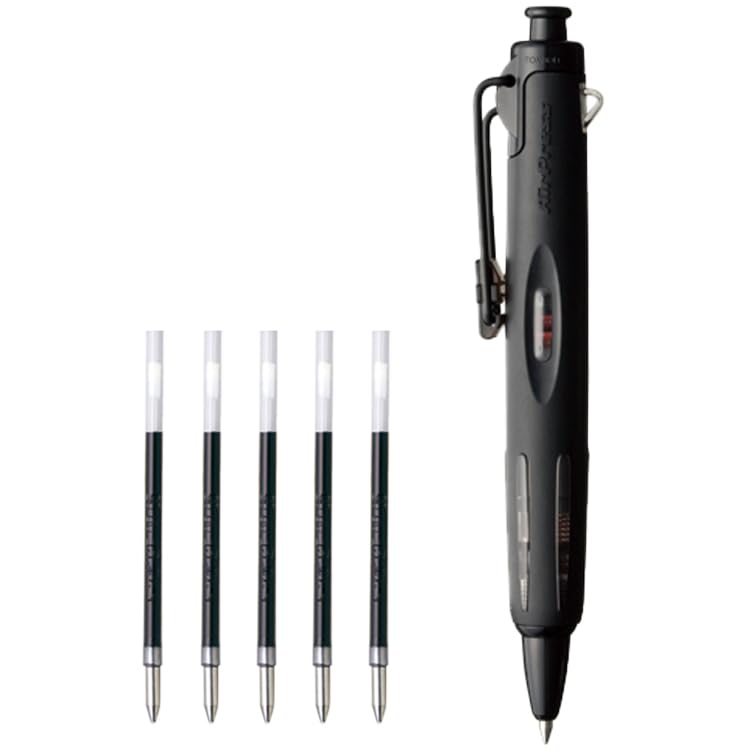 Set of 5 Tombow Air Press Ballpoint Pens Full with 5 Black Refills and an Original Logo Sticker Oil-Based (BC-AP12), 0.7mm, Black, (BR-SF33)