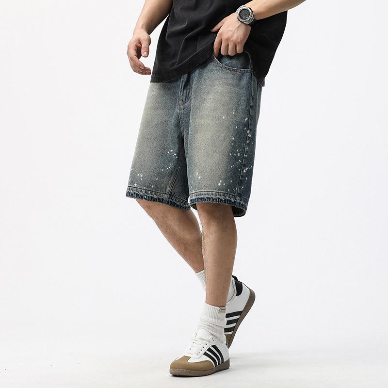 Summer Handmade Ink-splashed Monkey Spray-dyeed Shorts New Loose-washed Denim Five-point Pants