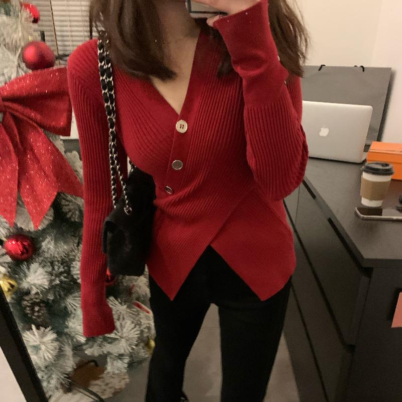 Autumn Long Sleeve Casual V-neck Pullovers Sweaters Women Chic Cross Slim Fit Women's Knitted Sweater Tops Elegant Solid Fashion Winter Jumpers 25667
