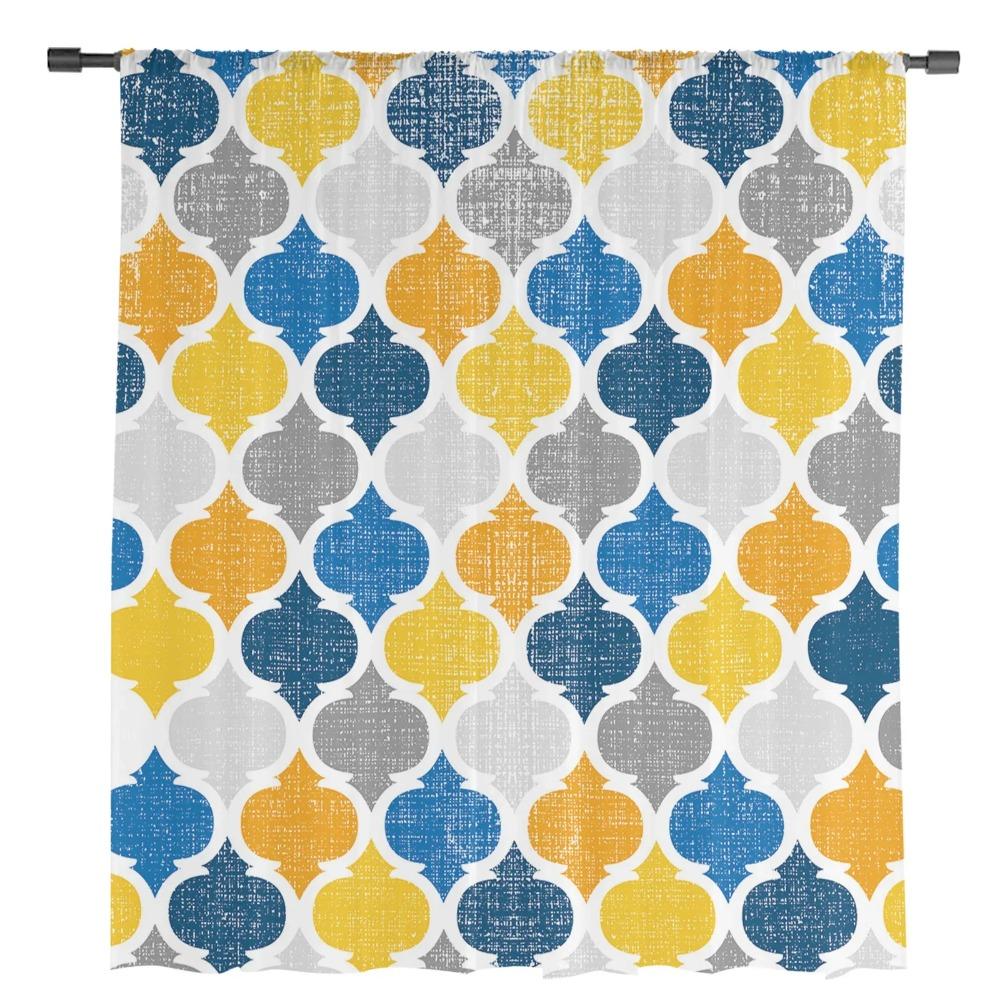 Golden Yellow Blue Geometric Moroccan Retro Transparent Curtains Perfect for Living Room Decoration Window Panel Curtain Kitchen Tulle Sheer Fabric