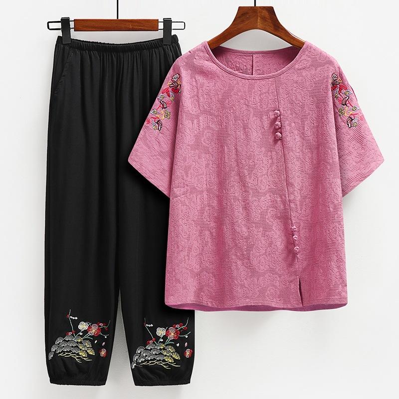 Sommerkleidungsanzug für Mütter mittleren Alters Baumwoll-Leinen Kurzarm-T-Shirt Wadenlange Hosen Sets Für Damen 2-teiliges Outfit
