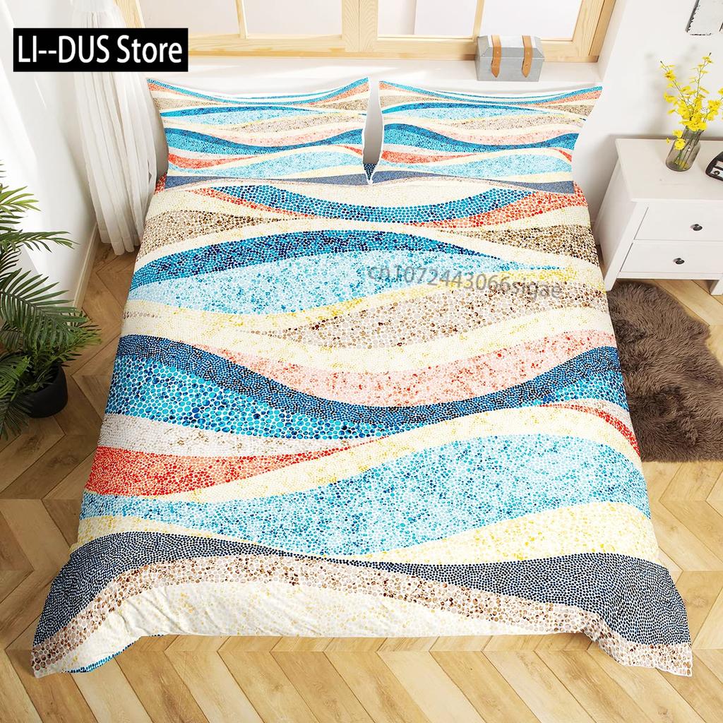 Abstract Sea Bed Set Marine Wave Duvet Cover Bedding Set Twin Comforter Cover Coastal Beach Theme Bed Cover 3pcs Orange Teal