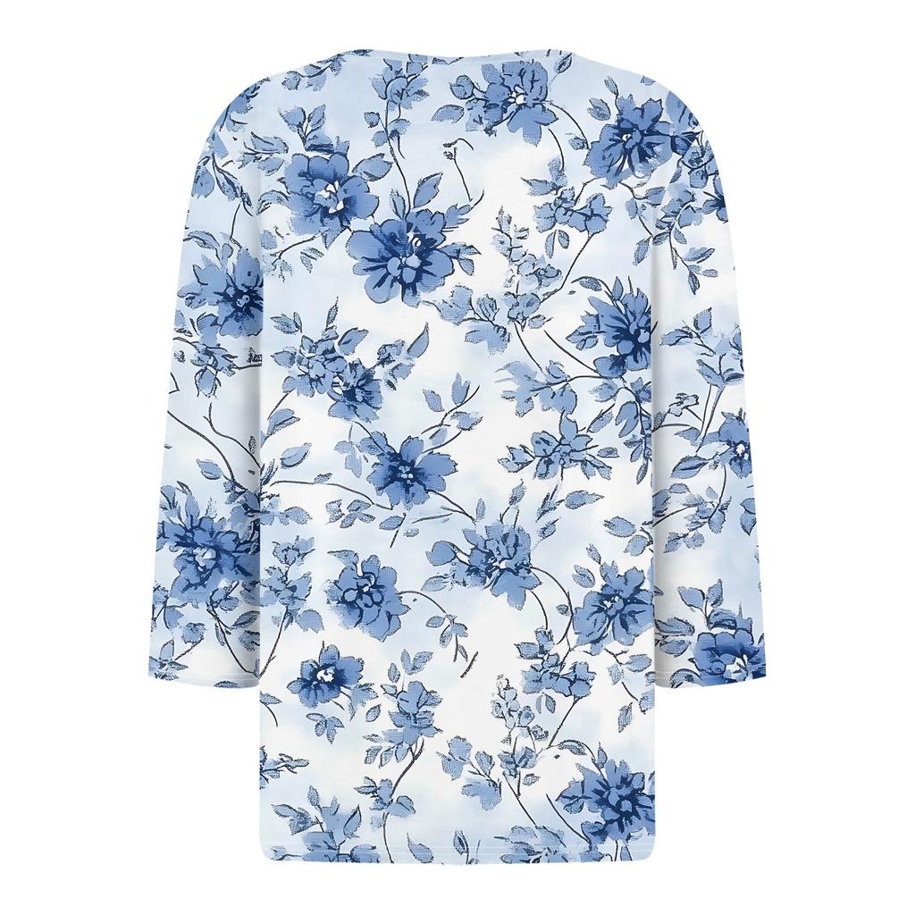 Damen T-Shirt mit Aufdruck, Knopfleiste, 3/4-Ärmel, für den Alltag, Wochenendmode, Basic, V-Ausschnitt, normales Oberteil