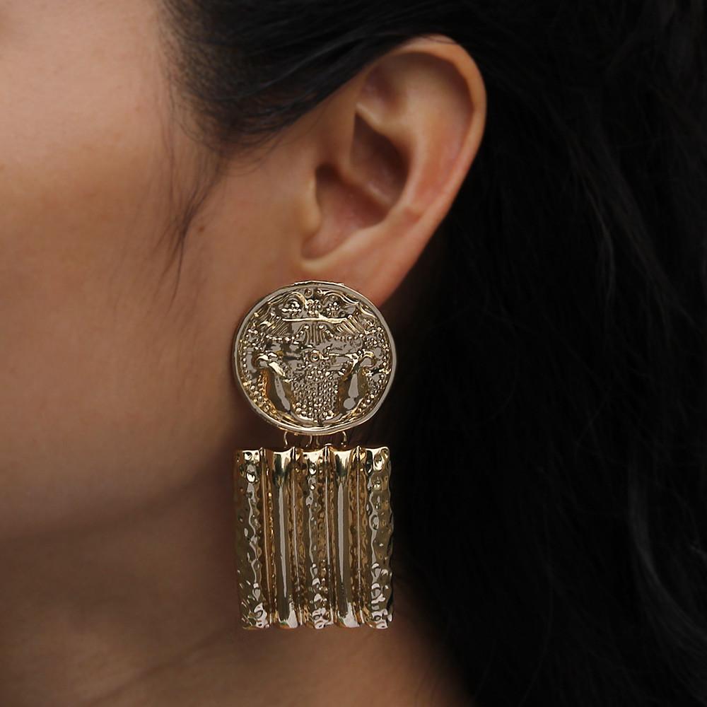 Contemporary Geometric Gold Metal Earrings With Relief Design For Collectors