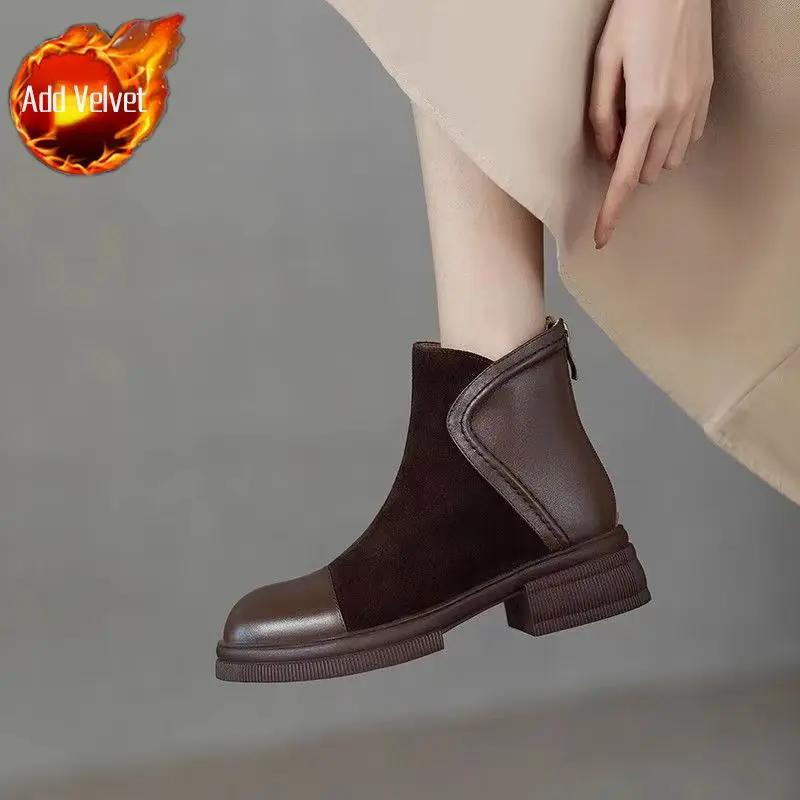 Fashion Booties Soft Round Toe Retro Style Female Short Shoes Height Increasing Large Size Warm Autumn High Quality Women's Ankle Boots