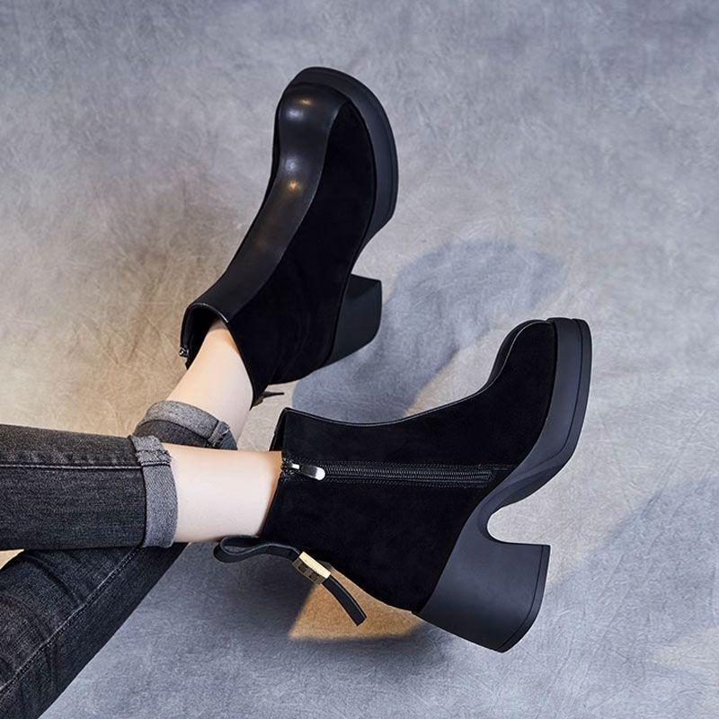 Korean Style Slimming Square Toe Suede Ankle Boots - Women's Thick Sole Platform Sock Boots for Autumn/Winter