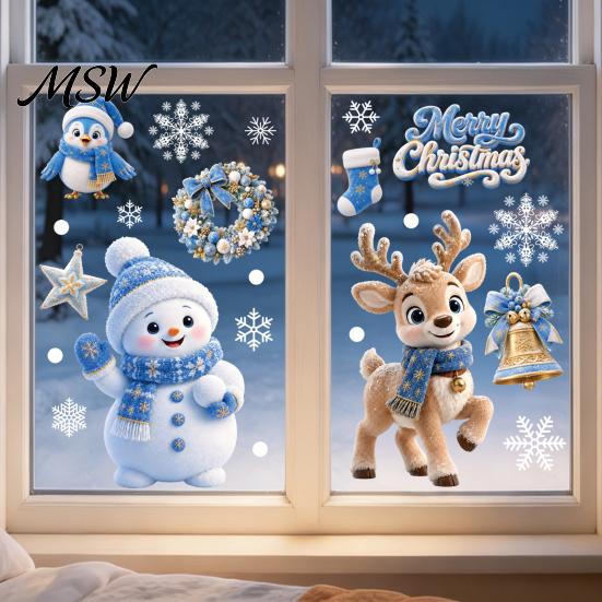 Christmas Window Clings 4Pcs Static Clings, Blue Santa Snowman Reindeer Penguin Winter Wonderland Wall Decals Stickers, Reusable Double Sided