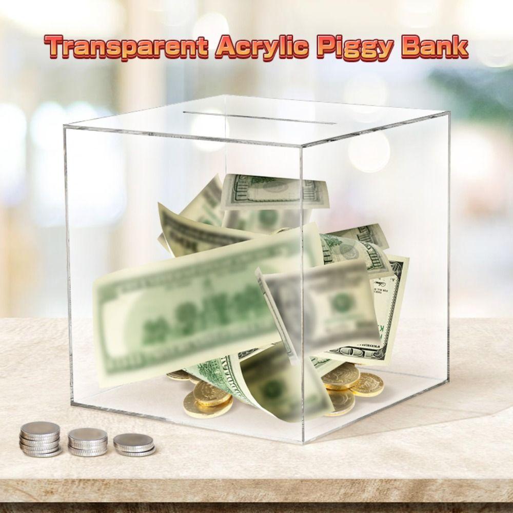 Transparent Acrylic Piggy Bank Square Large Capacity Money Saving Box Coin Banknote Box 12 /15 /18CM