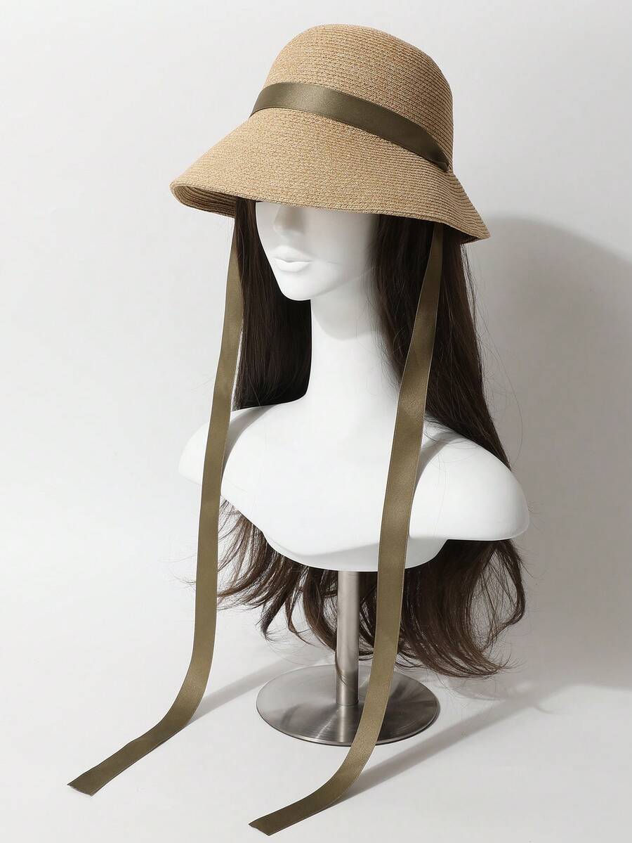 Zealous Sole Women's Black Foldable Straw Sun Hat With Ribbon Tie For Beach Summer Holiday