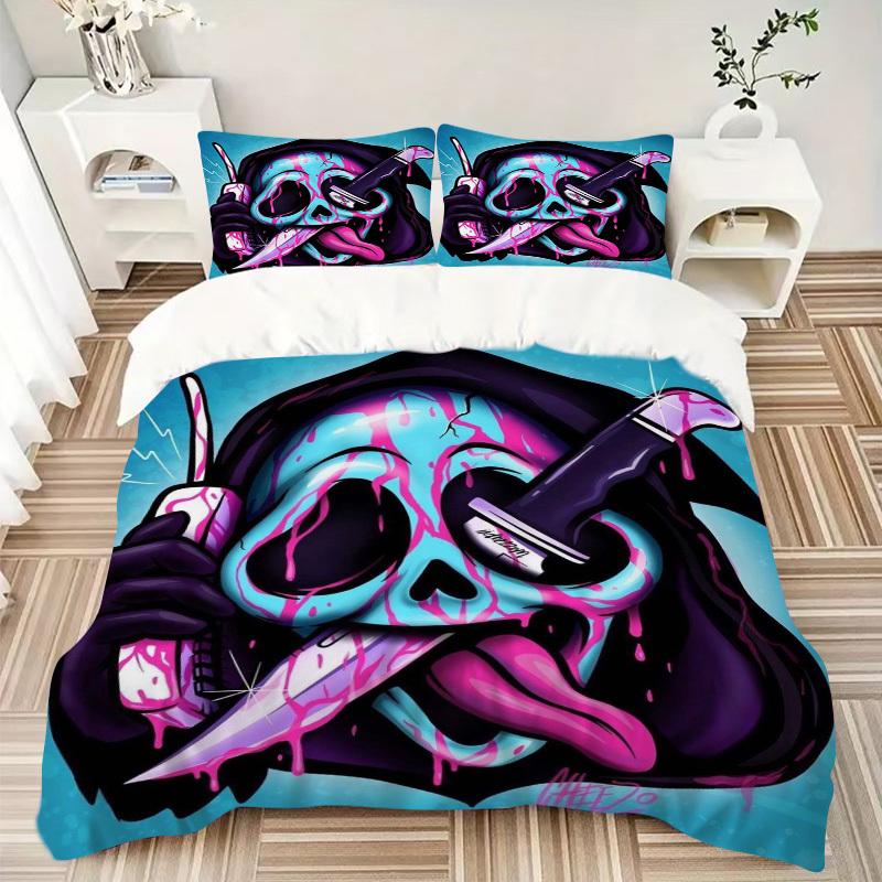 3pcs Anime Skull Bedding Set - Includes One Quilt Cover and Two Pillowcases (No Core) - Perfect for Bedroom and Guest Room Decor, Festive Gi