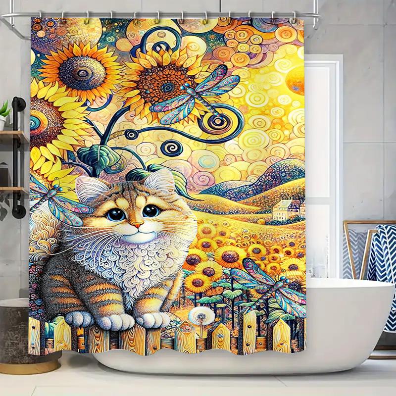 Colorful Sunflowers Cat Print Shower Curtain for Bathroom Decoration 3D High-Definition Printed Waterproof Fabric Available in V