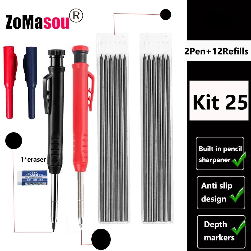 Reuseable Long Head Deep Hole Markers Pen Pencils Solid Carpenter Refill Leads Built-in Sharpener Woodwork Construction Tools
