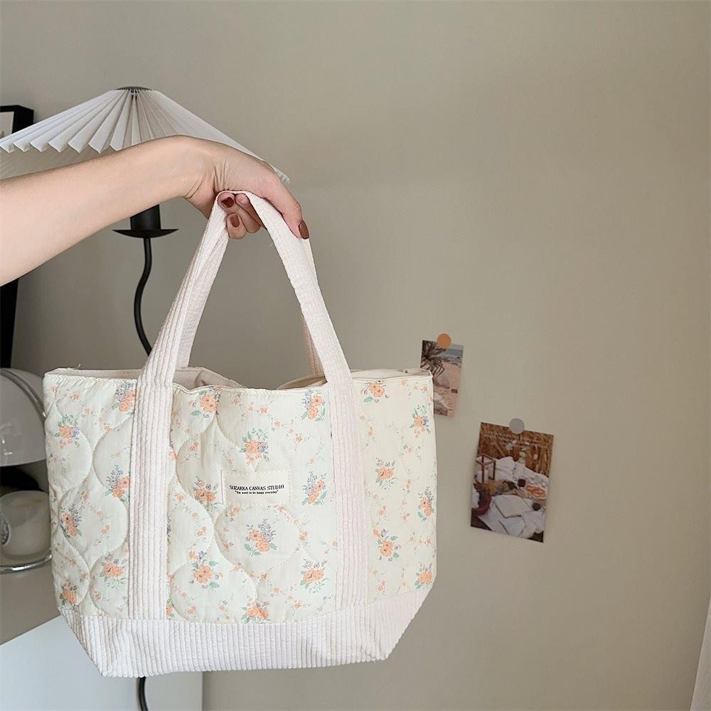 Vintage Flower Pattern Quilted Tote Bag Soft Cotton Commuter Organizer Bag For Daily Use