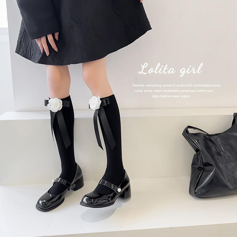 Lolita Jk Schleife Mittelhohe Socken 3D Kamelienblume Krawatten-Socken Ballett Sommer Dünne Schwarz-Weiß Socke Y2K Partykleider Socken