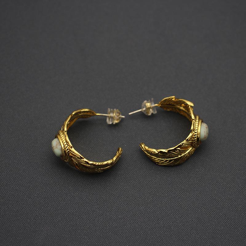 Turquoise Feather Jewelry Set: 18K Gold-Plated Adjustable Ring & C-Shaped Earrings. Elegant Niche EU/US Design.