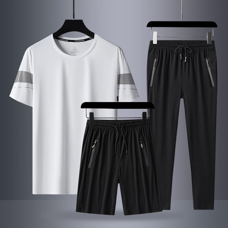Ice Silk Men's Summer Three-Piece Sports Suit - Short-Sleeved Shirt & Trousers for All Ages
