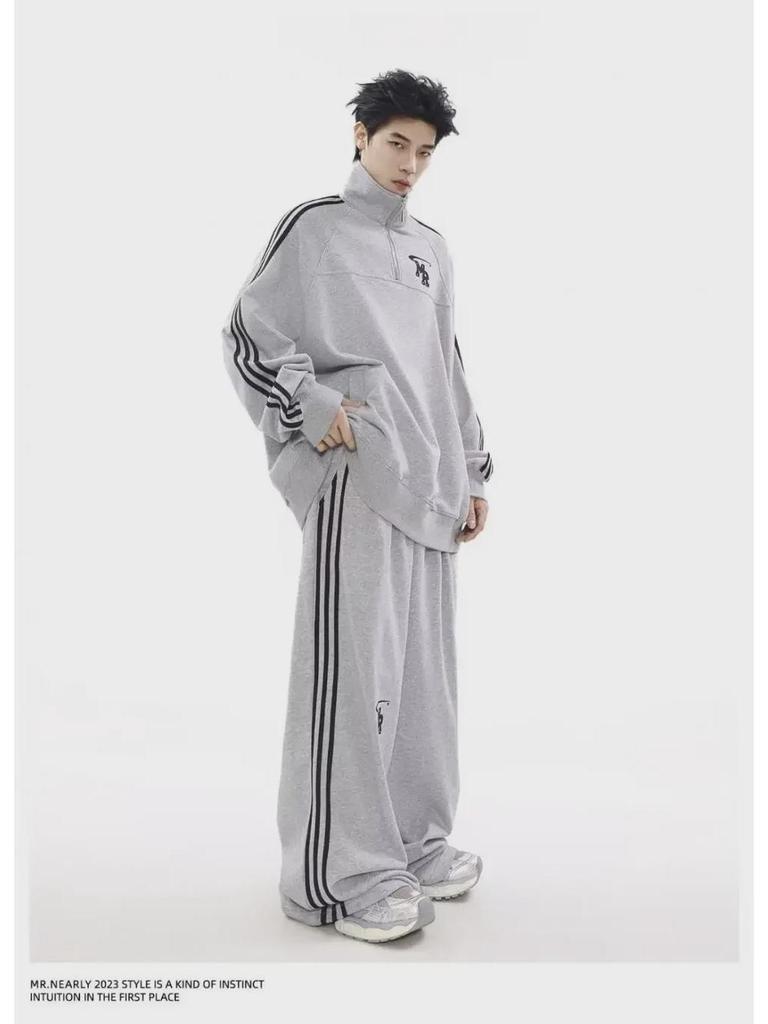 Men's Autumn American Retro Sports Suit: High-Street Stand-Up Collar Sweater and Trousers Two-Piece Set