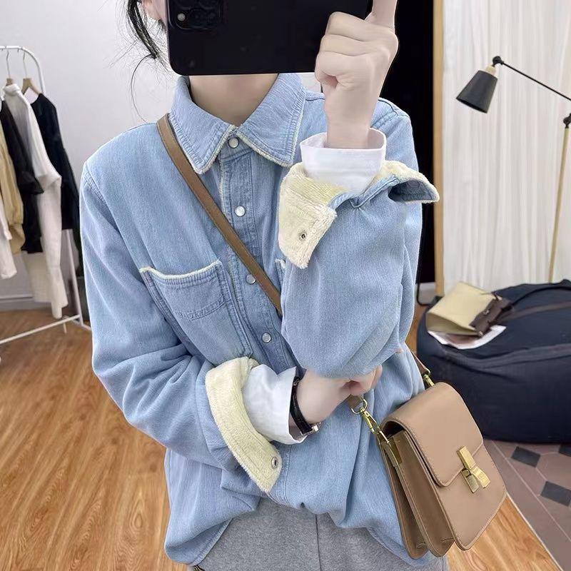 Korean Winter Fashion Velvet Lined Denim Long Sleeve Women's Lapel Jacket 2025