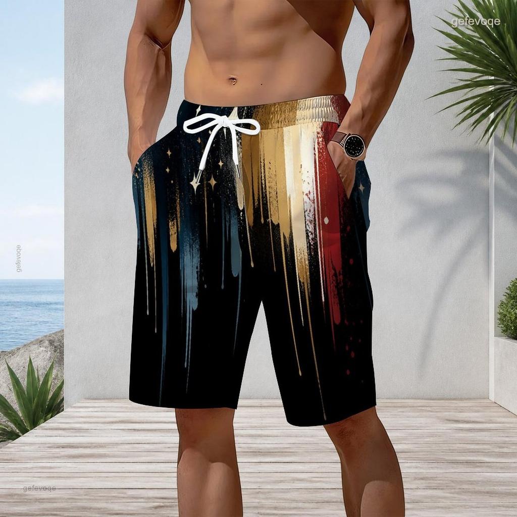Mens Plus Size Beach Shorts Abstract Star Dripping Print Loose Drawstring Quick Dry Casual Swim Trunks For Summer Beach Surfing Daily Wear