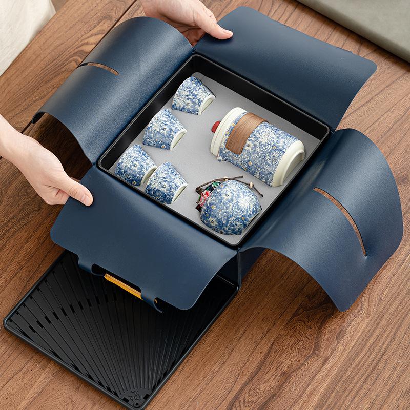

Portable Kung Fu tea set, high-end storage gift box, light luxury Ru kiln car express cup travel set