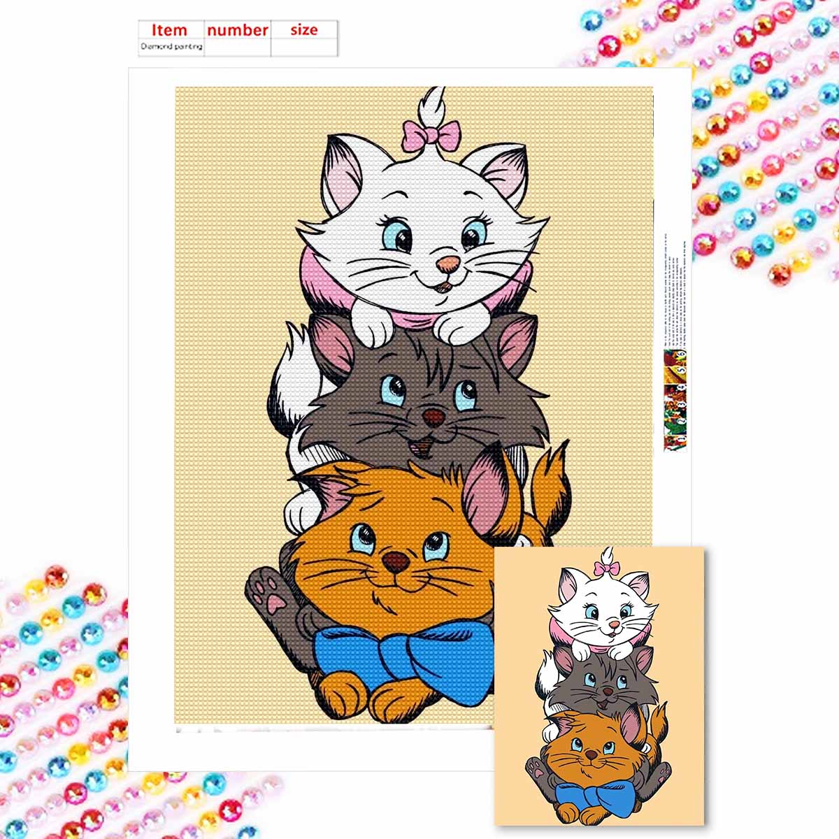 

5D Алмазная мозаика Сделай сам Три кота, сложенных друг на друга, Полная выкладка Стразы Мозаика Вышивка Изделия ручной работы Домашний декор Подарок Round 20x30cm