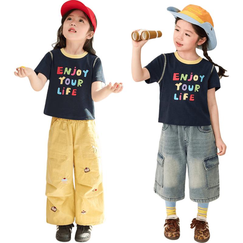 LUSON Girls' Cartoon Color-Block Short Sleeve T-Shirt