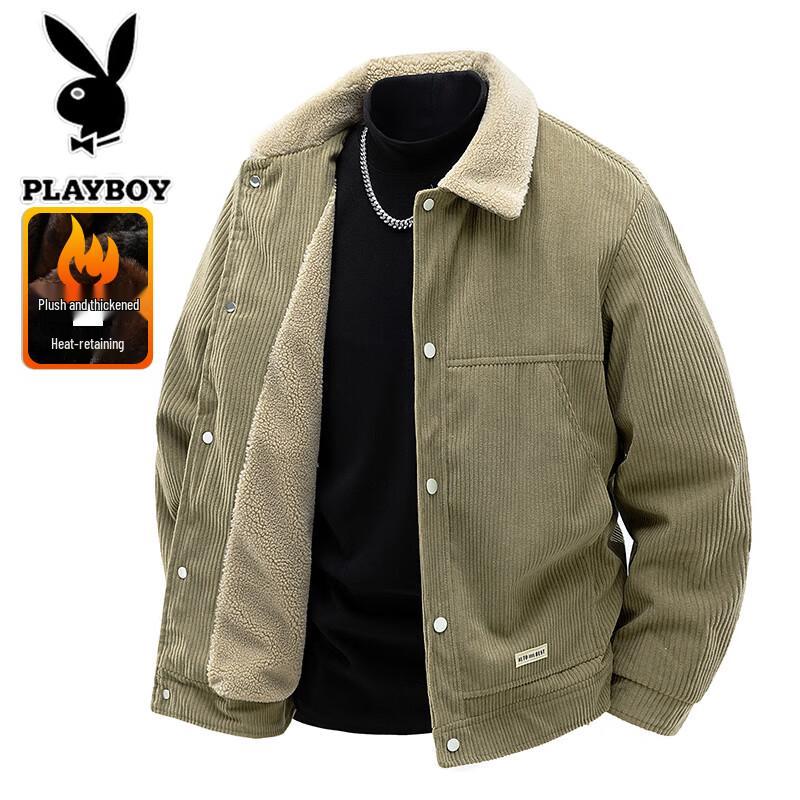 PLAYBOY Men's Autumn/Winter Plus Velvet Thickened Lapel Warm Jacket