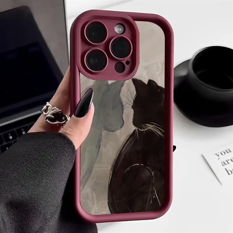 Oil painting cat design pattern Phone case iPhone 15 Pro Max 11 12 13 16 14 Plus Soft Silicone Protective Case