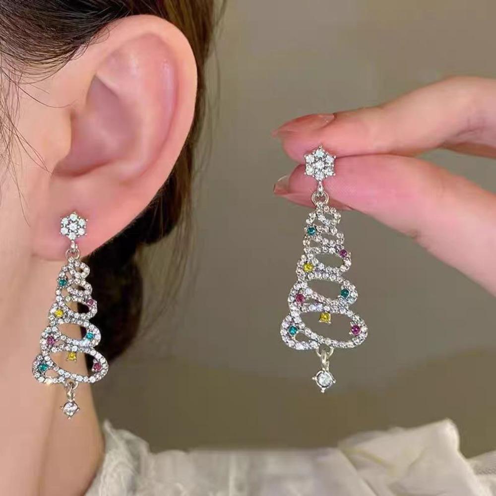 Zinc Zinc Alloy Christmas Tree Stud Earring Rhinestones Xmas Tree Ear Drop Christmas Tree Earring  Party