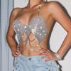 Rhinestone Mesh Halter Hollow Out Chain Casual Crop Top