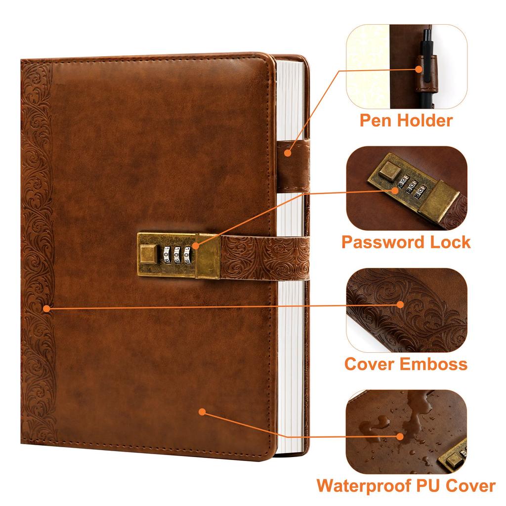 CAGIE System Planner A5 Lockable Notebook Antique Diary with Business Card for PU 230 x Brown Lock, Loose-leaf, 6-ring Ring, Diary, Holder, School,