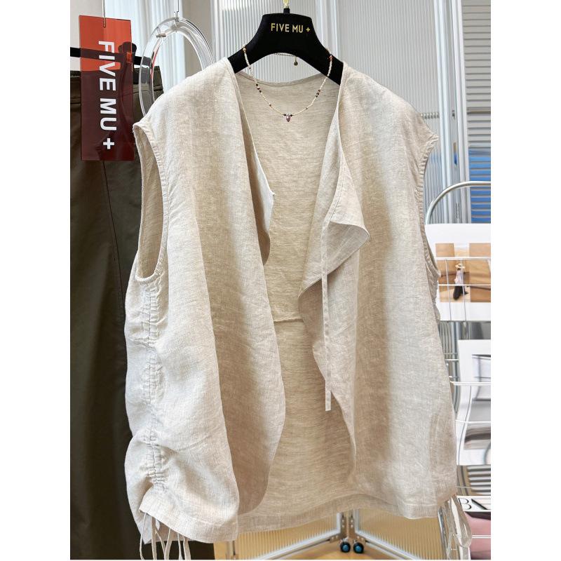 2026 Women's Spring/Summer Layered Pure Linen Vest Shawl - High-End Sleeveless Jacket