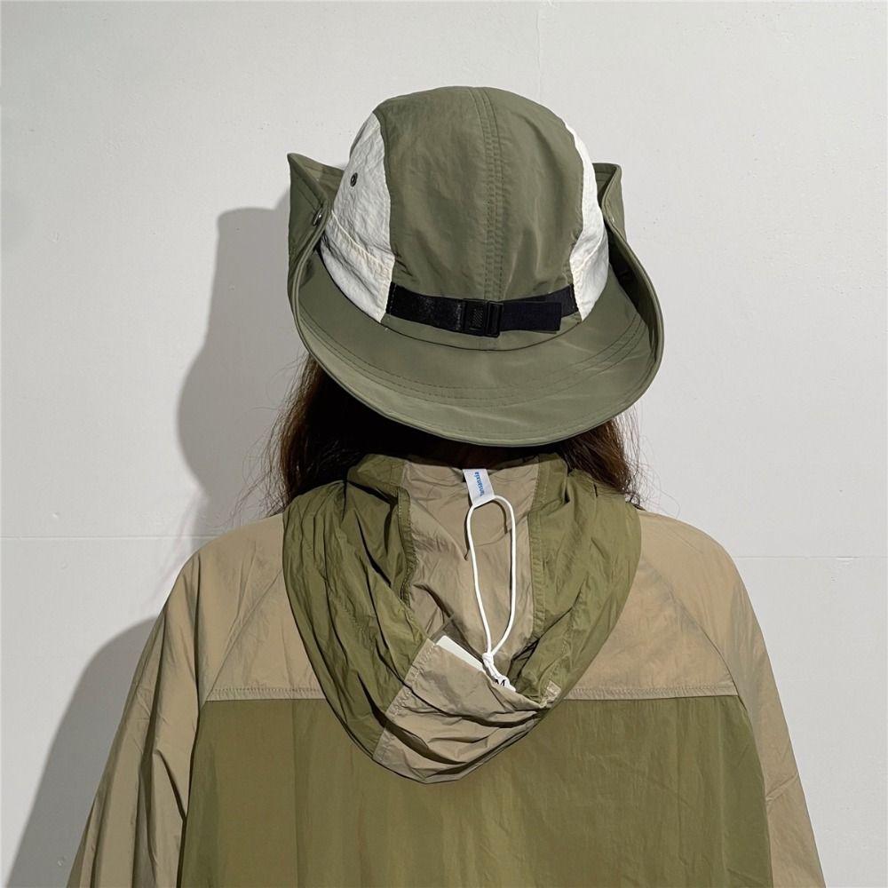 Cotton Wide Brim Sun Hat Splicing Color Hiking Hat Breathable Drawstring Fisherman Hat  Travel