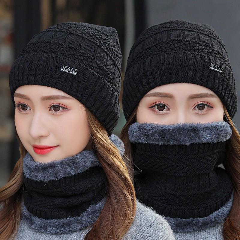 Autumn/Winter Plus Velvet Korean Style Knit Hat & Scarf Set - Warm, Cold & Ear Protection чёрный